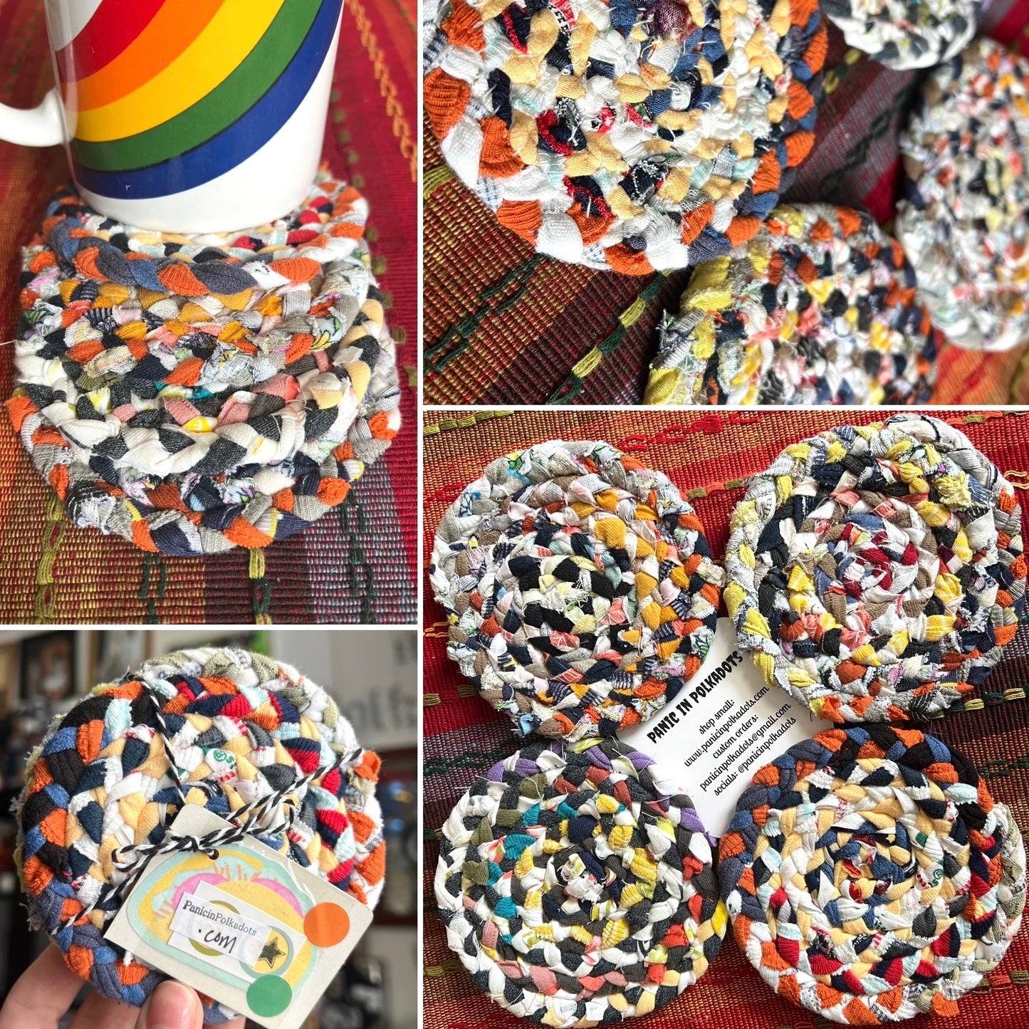 Photo grid of a braided coaster set, showing front and back, with a rainbow mug and bundled with a brand label.