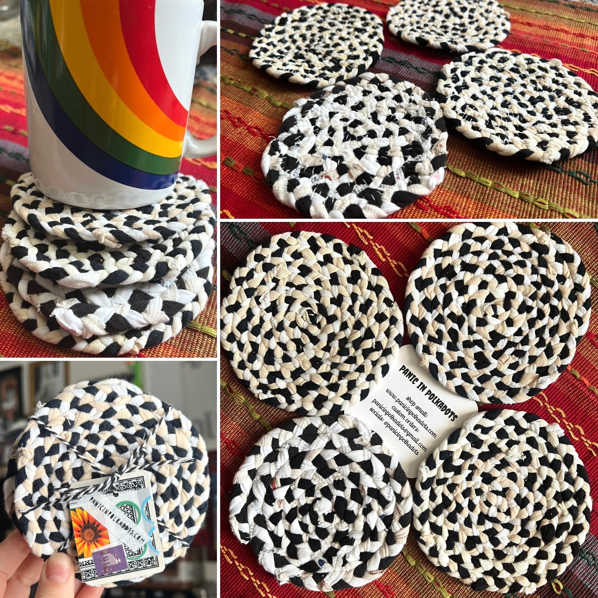Photo grid of a braided coaster set, showing front and back, with a rainbow mug and bundled with a brand label.