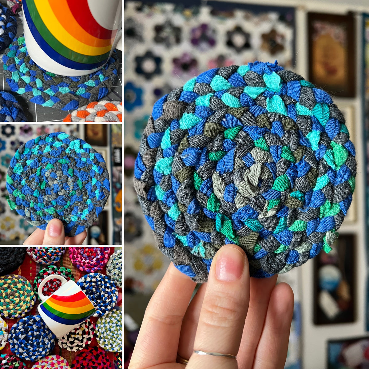 Collage of pics pf a braided coaster in blue, green, and gray held by a hand with a colorful background.
