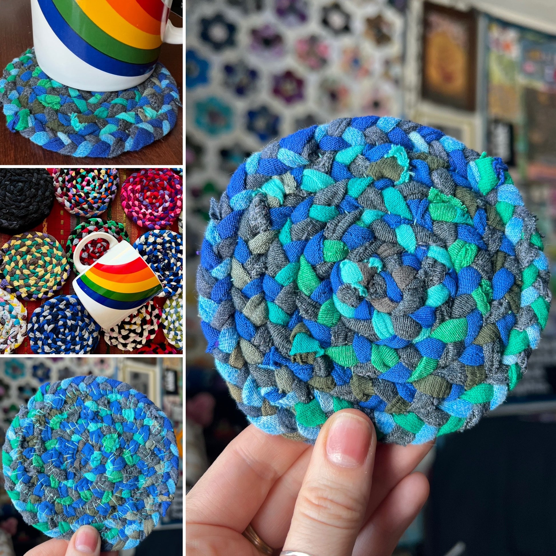 Collage of colorful woven coasters with a hand holding one coaster.