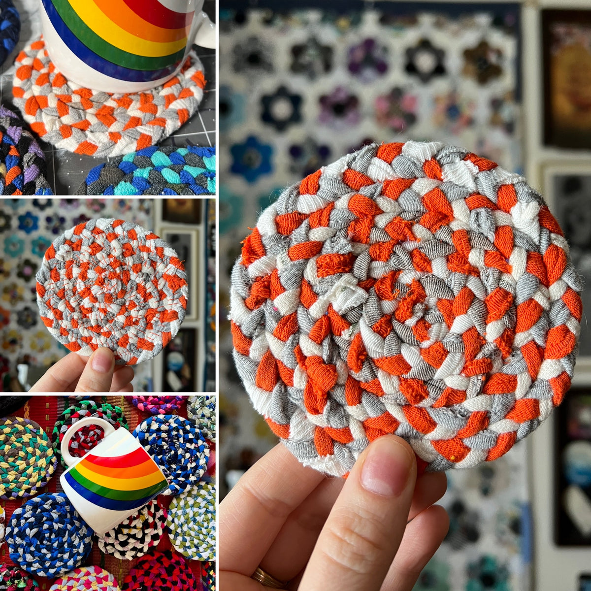 Collage of pics of a braided coaster in orange, gray, and white with a rainbow mug.