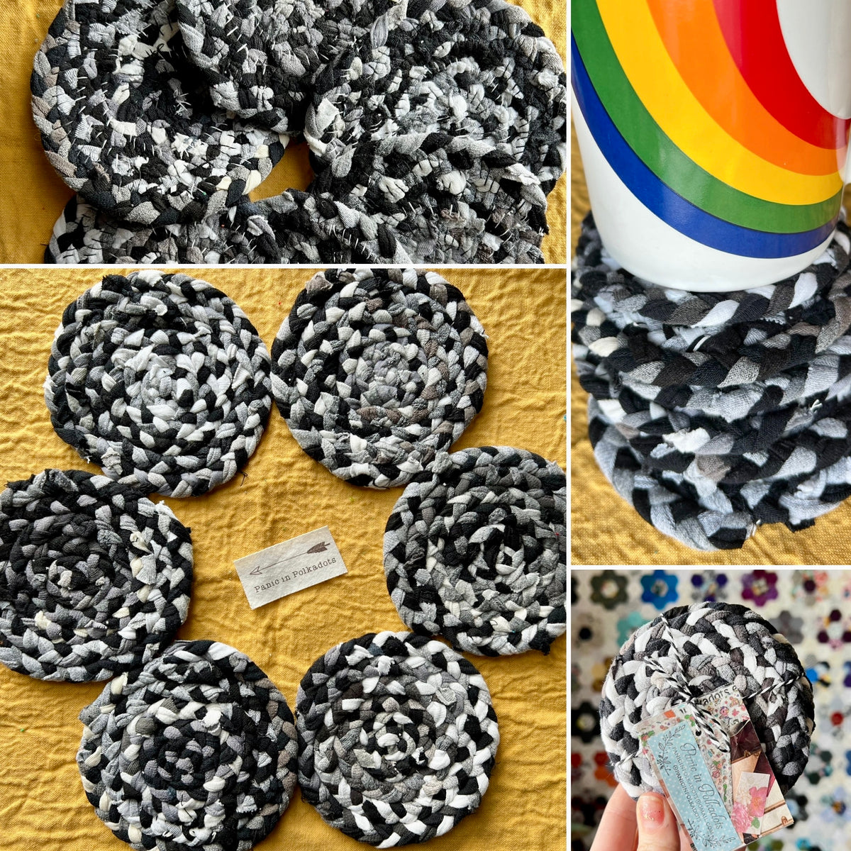 Collage of black and white woven coasters showing various views on a yellow background.