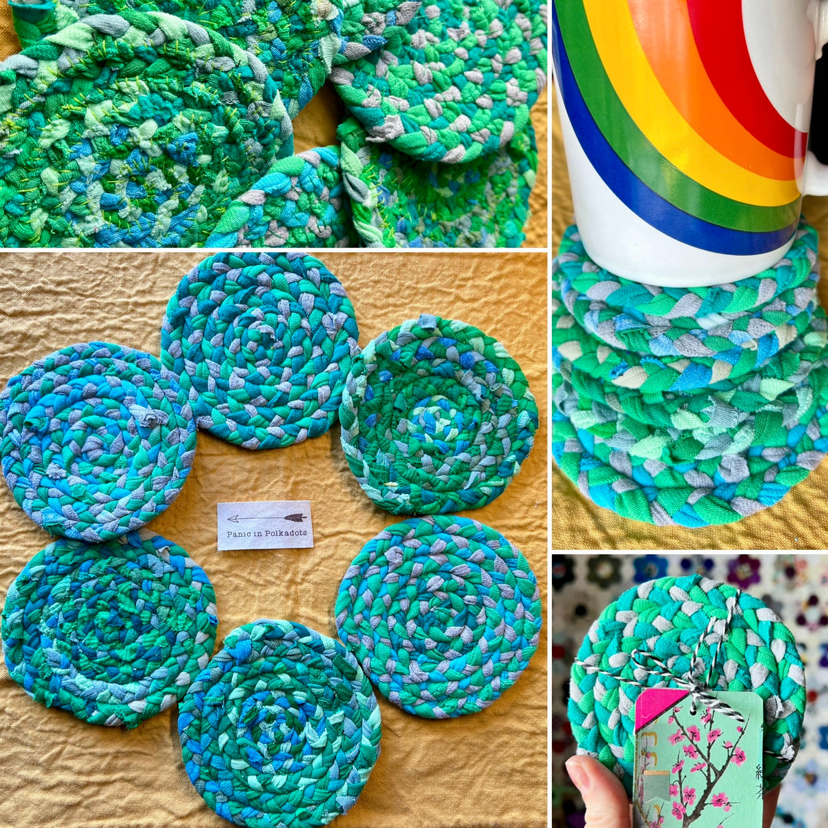 Collage of green braided coasters with a mug on one coaster.