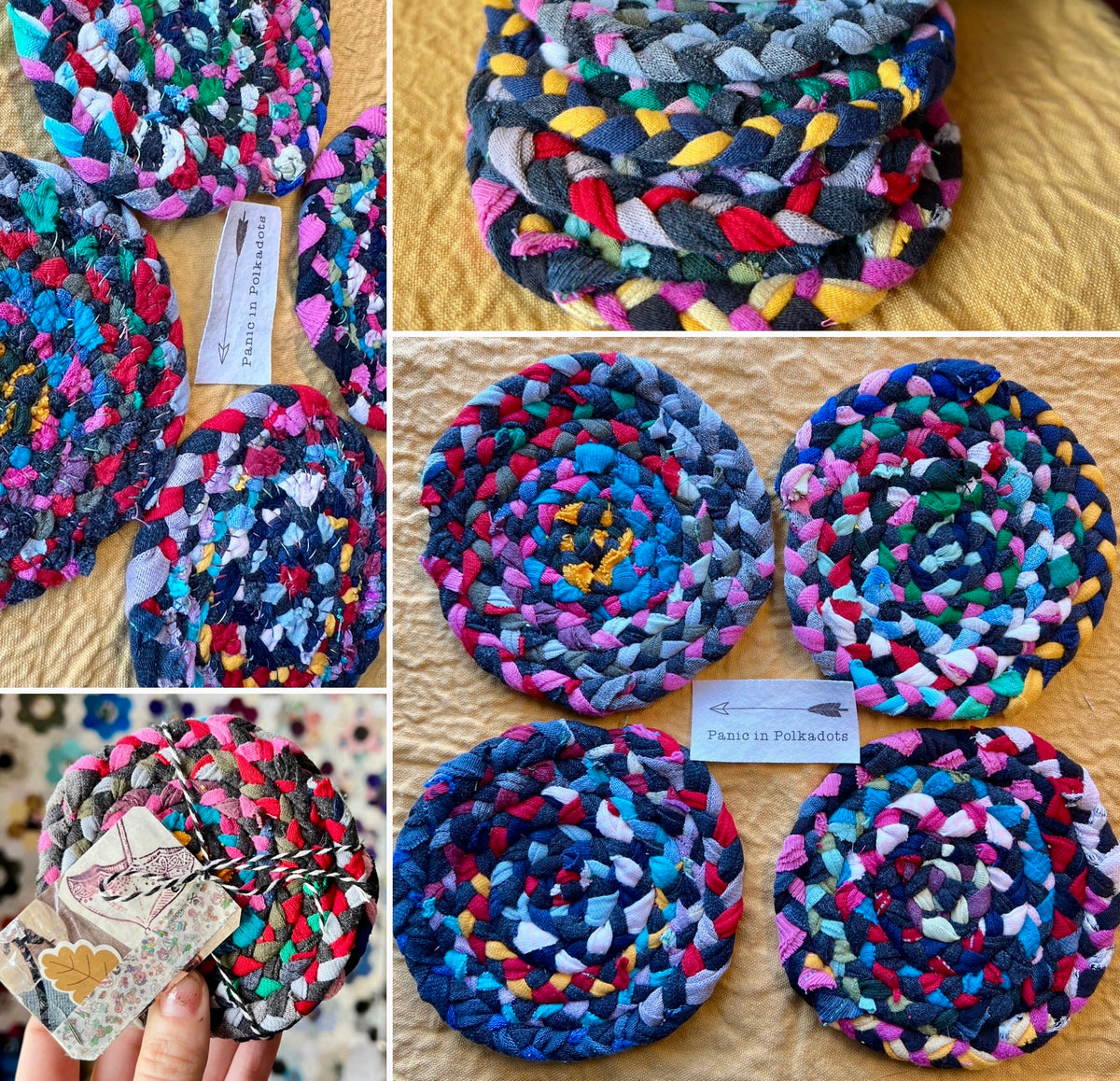 Collage of colorful braided coasters with visible brand name on a yellow fabric surface.