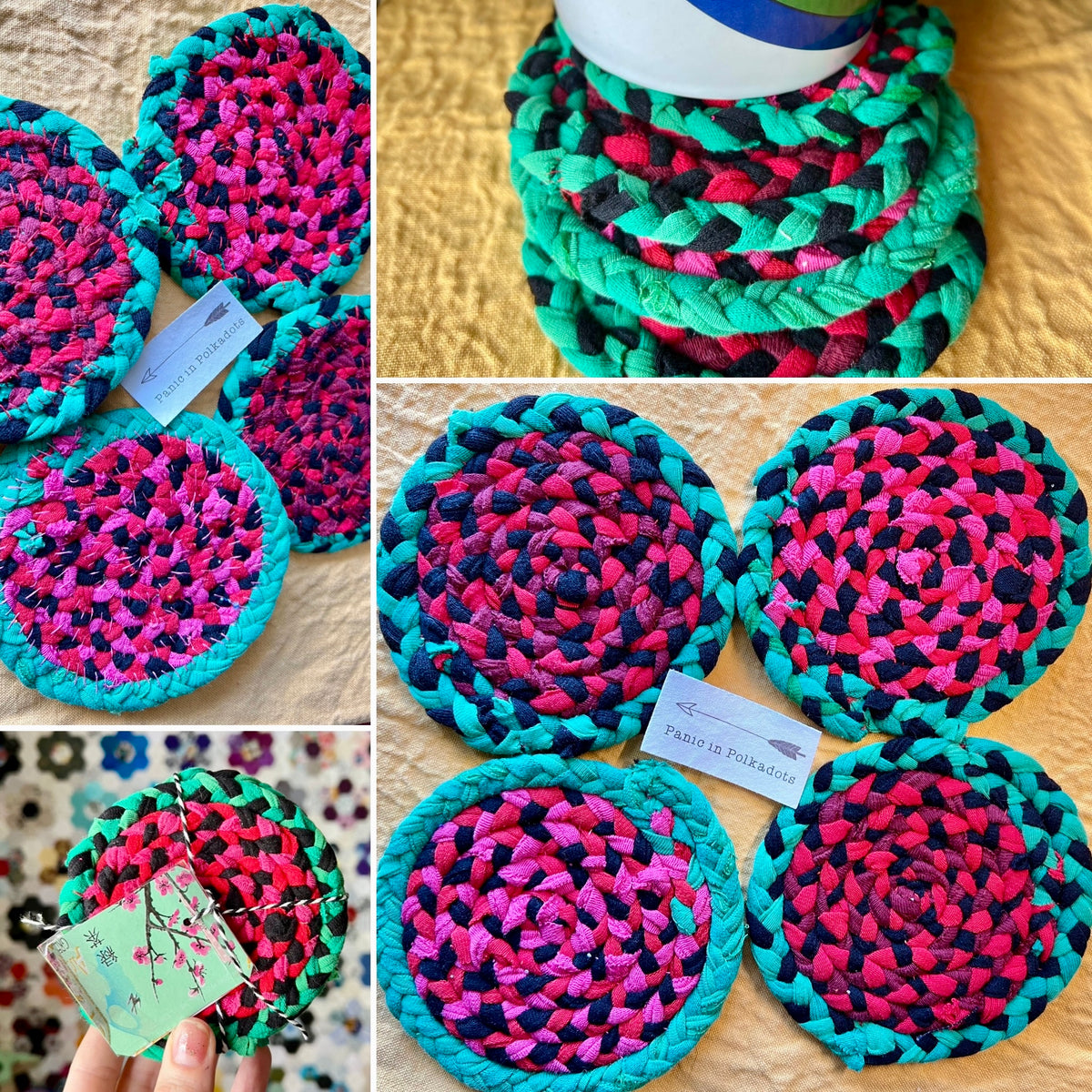 Collage of a set of watermelon braided coasters on a yellow fabric surface.