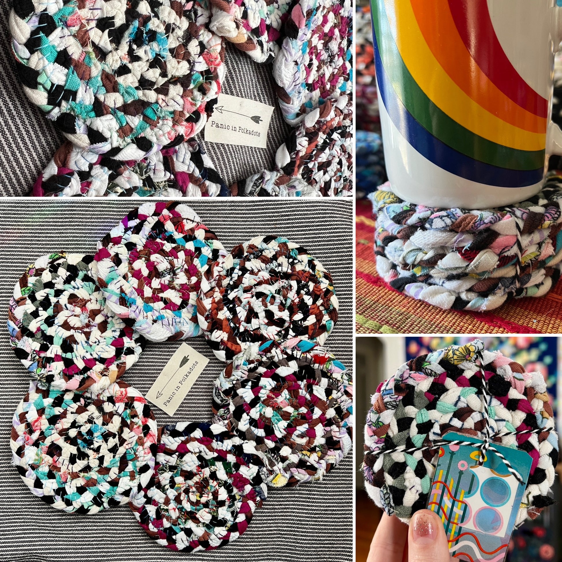 Collage of braided coasters with a mug featuring a rainbow design.