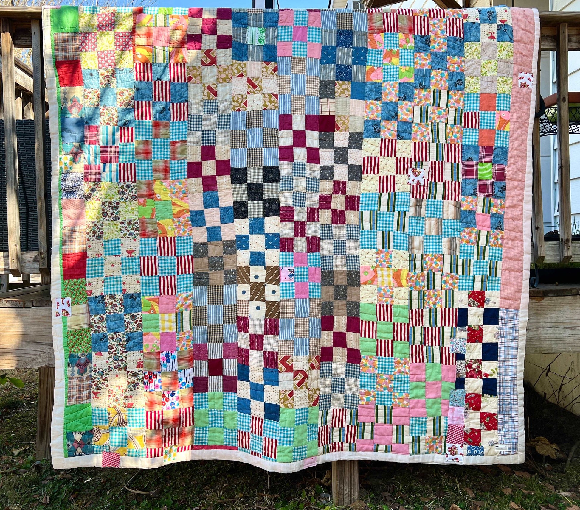 9 Vintage Quilt - Colorful Neon Nine Squares - Quilt Art - Full Sized - outside on patio fence