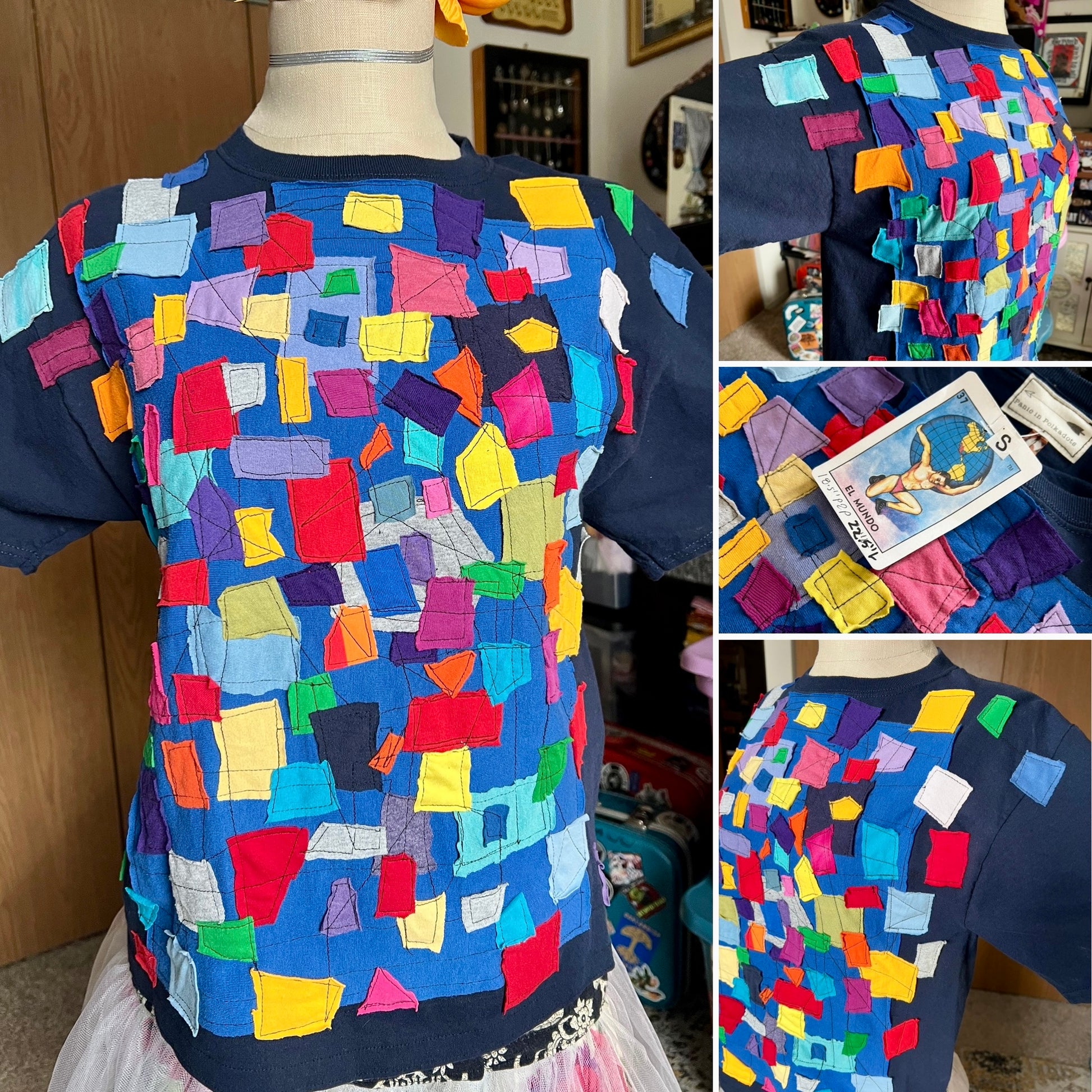 Colorful patchwork confetti tshirt on a mannequin with close-up details.