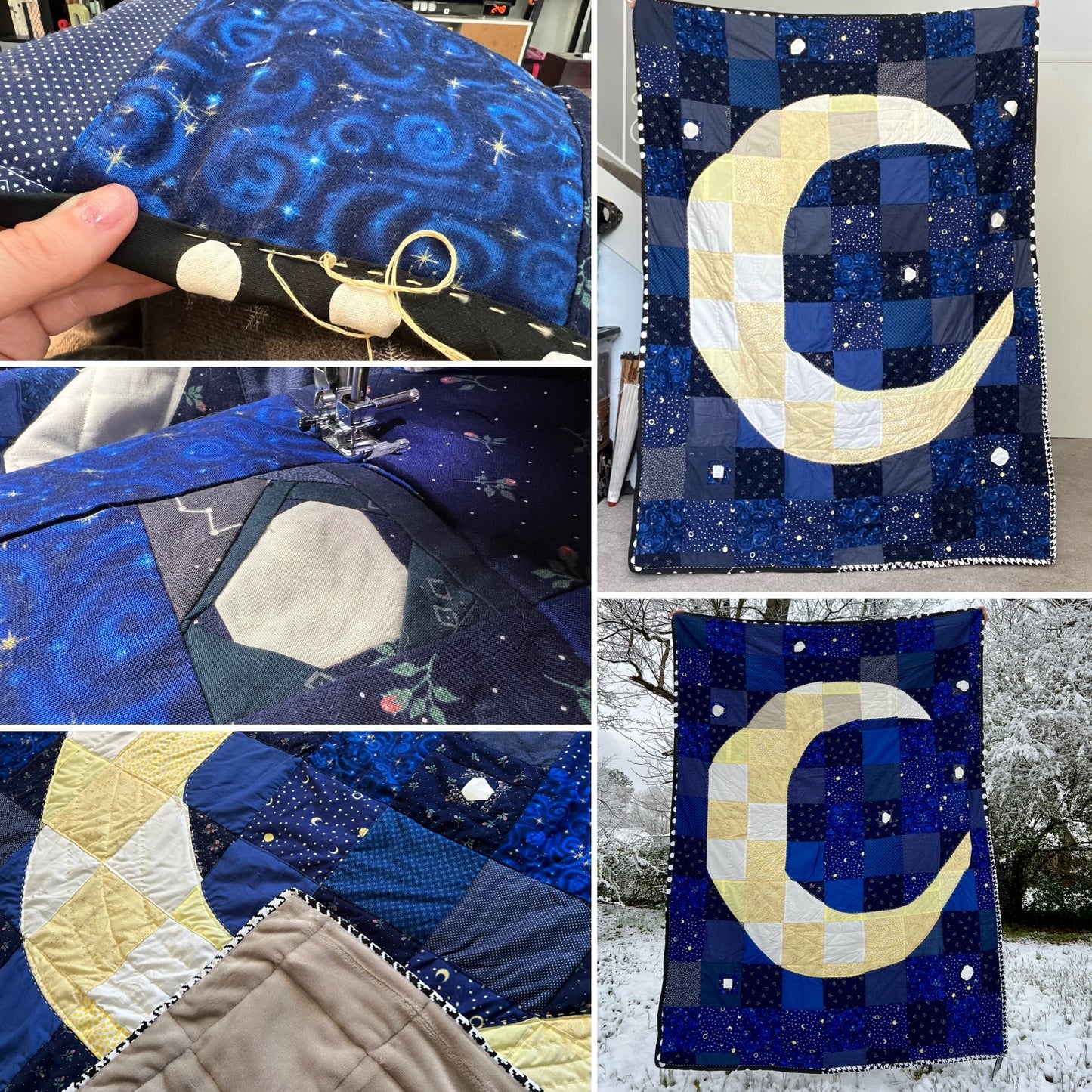 a blue quilt with a moon design, held by a hand and displayed outdoors, indoors, closeups, in progress stitches.