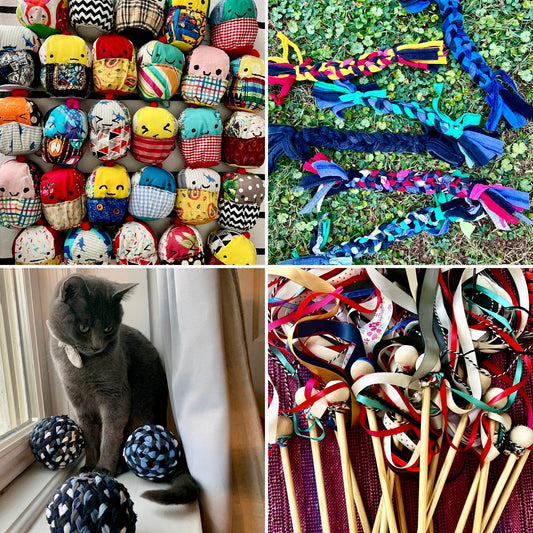 Collage of various colorful items including fabric toys, ribbons, and a cat with balls.