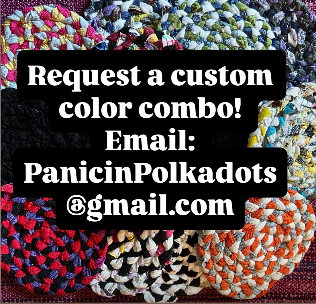 Colorful braided rugs with text overlay for custom color combo request.