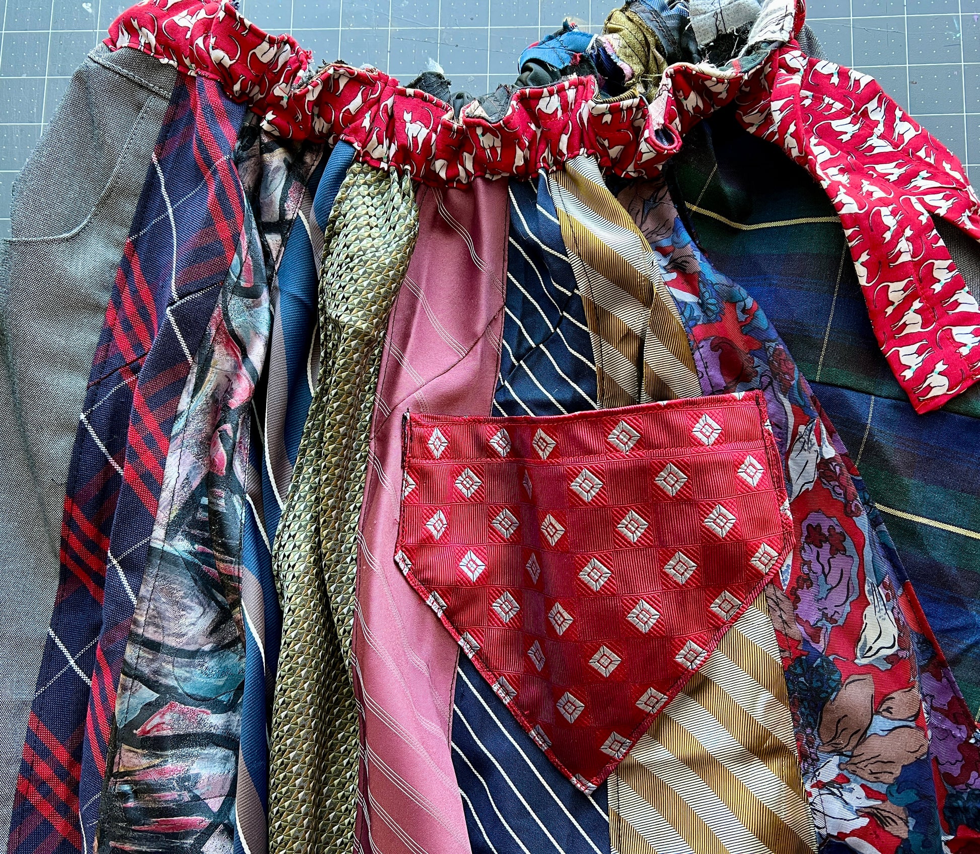 Collection of various ties turned into a custom skirt.