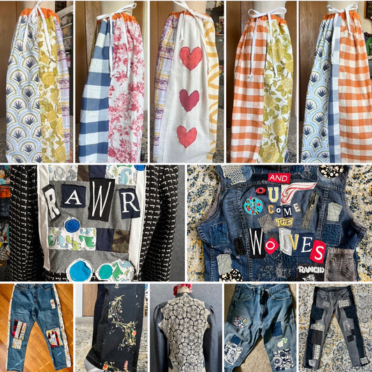 Collage of various patterned pants and denim items with text and graphics.