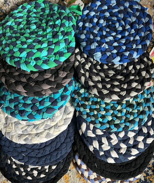 Trivet Potholders - Cool Colors Collection - Handbraided & Handsewn - Set of Two