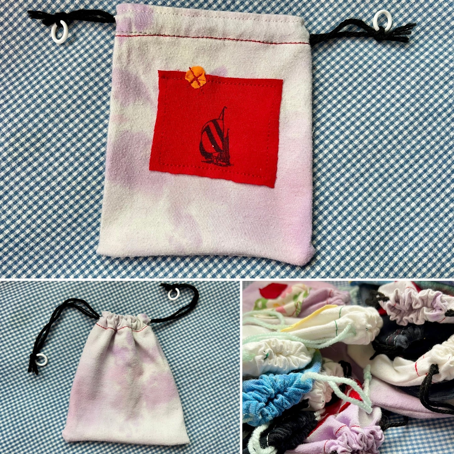 Small Drawstring Bag - Created From Upcycled Materials - Tshirt with Appliqué