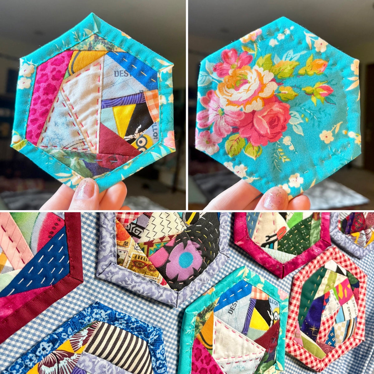 Quilted Coaster - Washable and Reusable - Squares or Hexagons -  Set of One