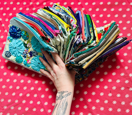 Hexie Pouch - Handsewn Fabric Zipper Pouch - Upcycled Reusable Bag Zip Pouch