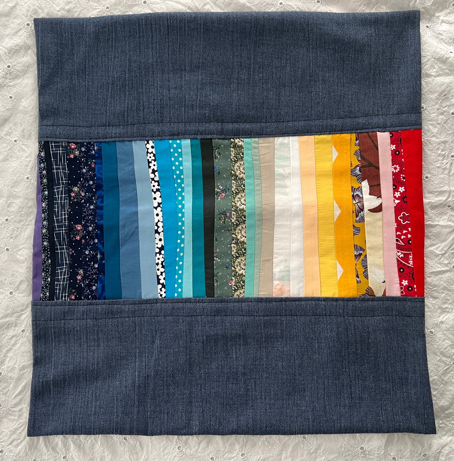 Denim rainbow pillow cover