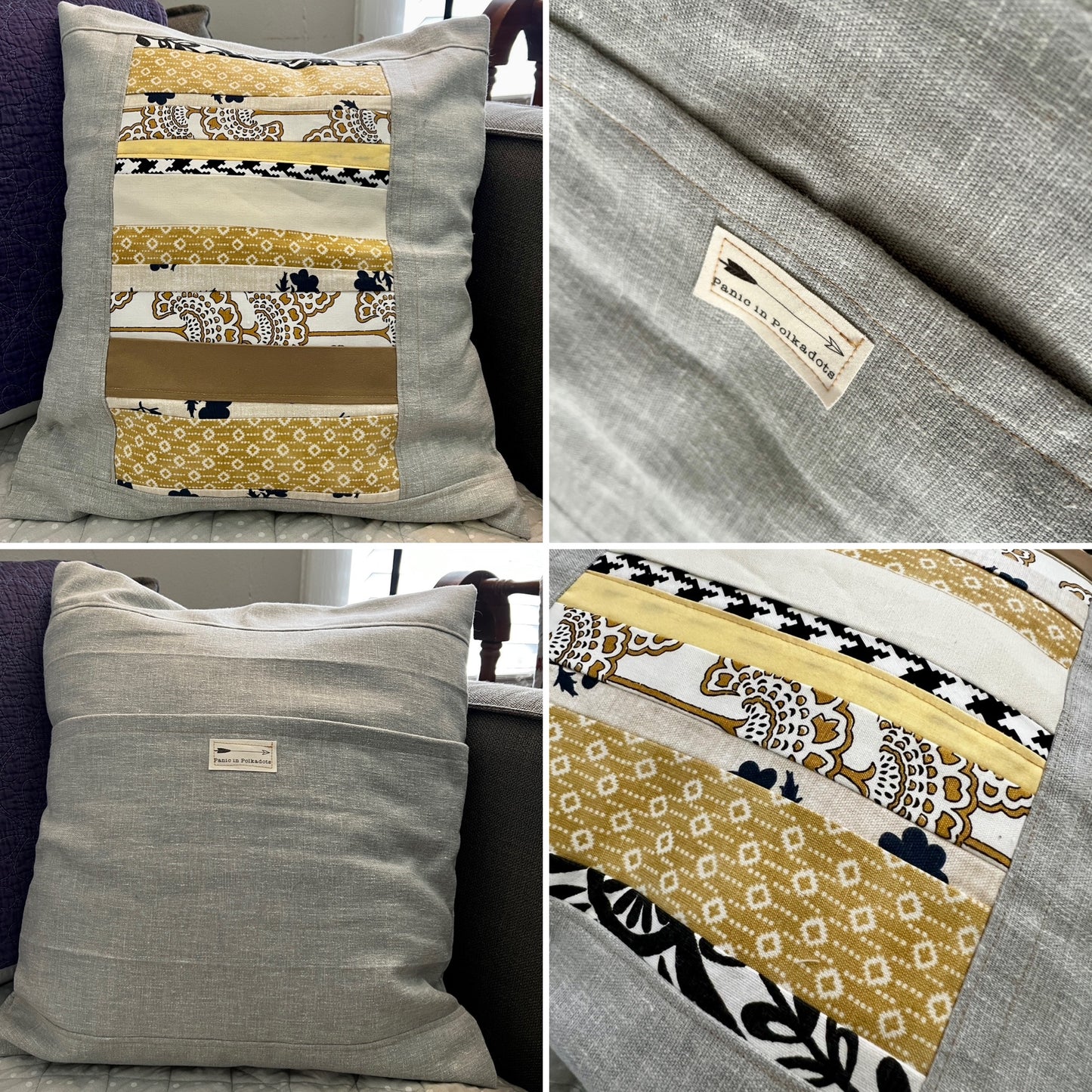 Designer fabrics pillow cover, photo grid shows front back and closeup views
