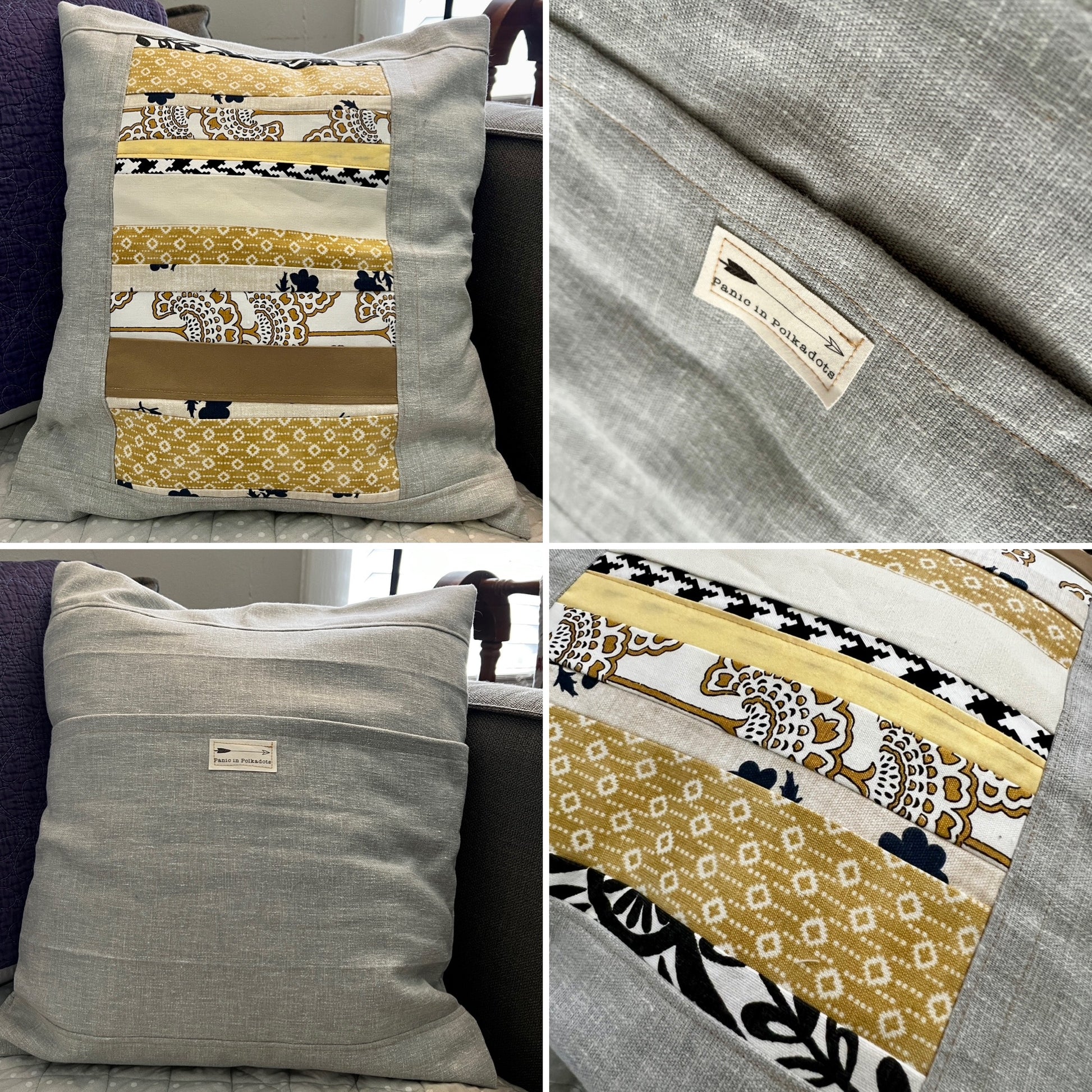 Designer fabrics pillow cover, photo grid shows front back and closeup views