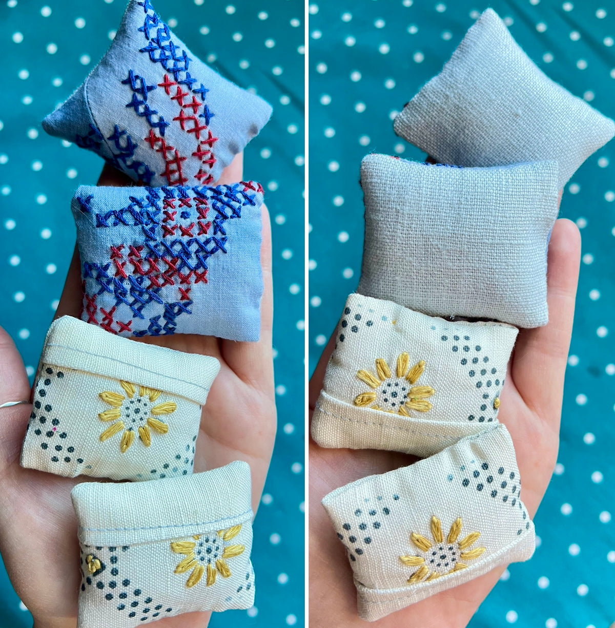 Small embroidered pillows held in a hand against a blue polka dot background