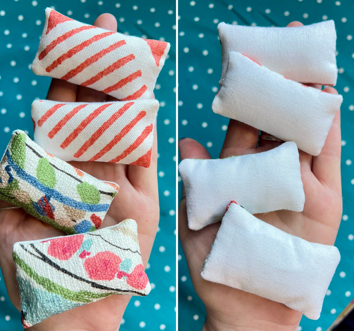 Small fabric doll pillows, collage showing front and back, held in hands against a polka dot background