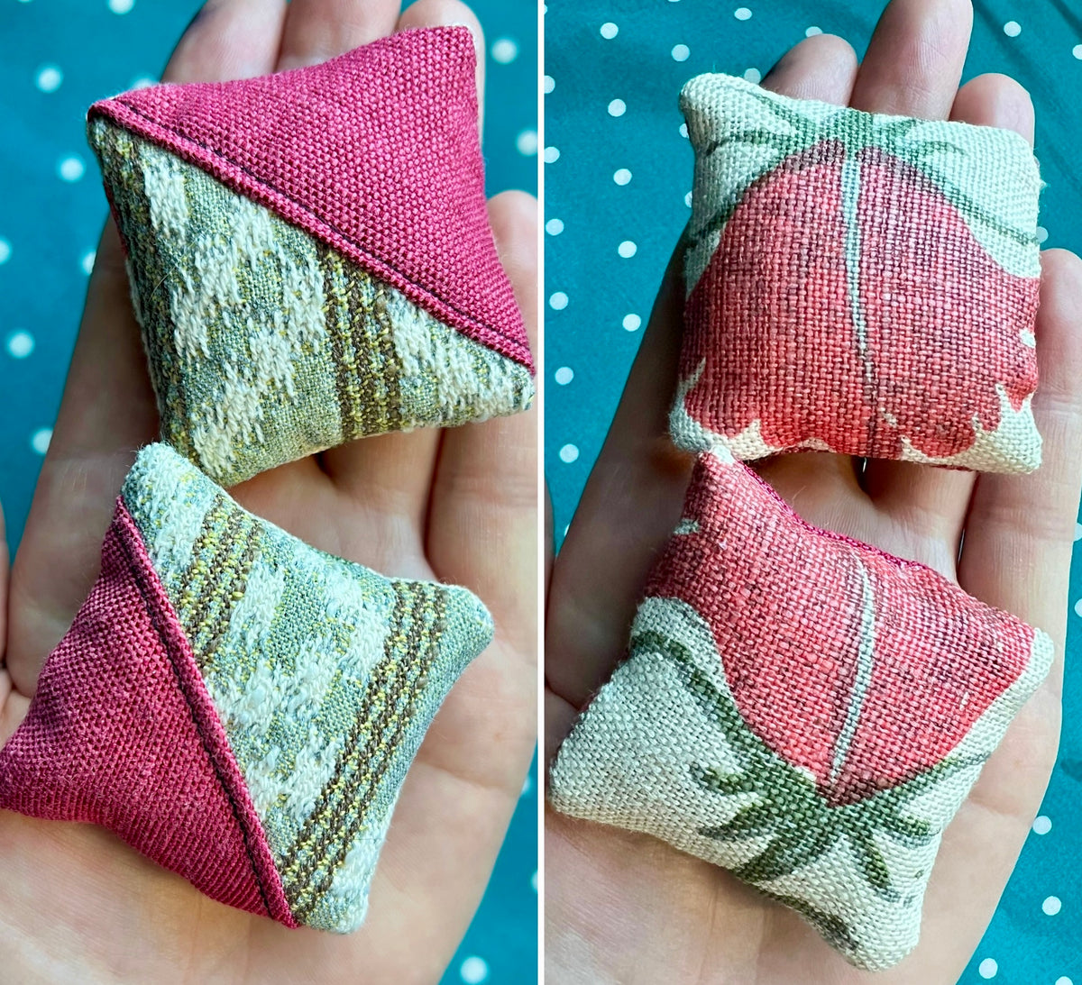 Two fabric pillows, collage showing front and back, held in hands against a polka dot background