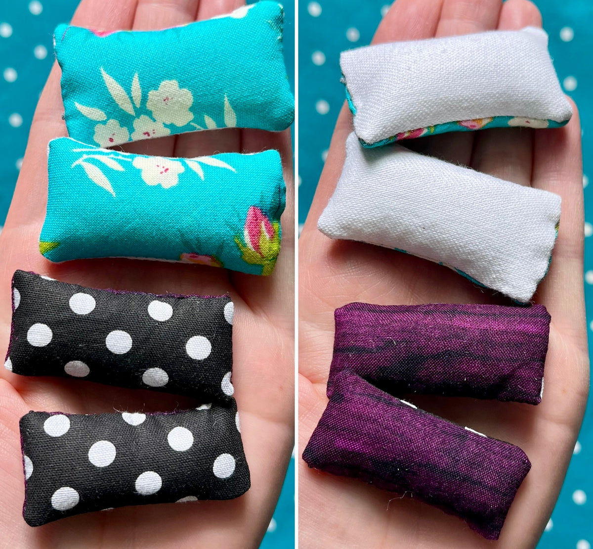 Two Sets of colorful fabric pillows held in hands, showing front and back views, against a blue polka dot background.
