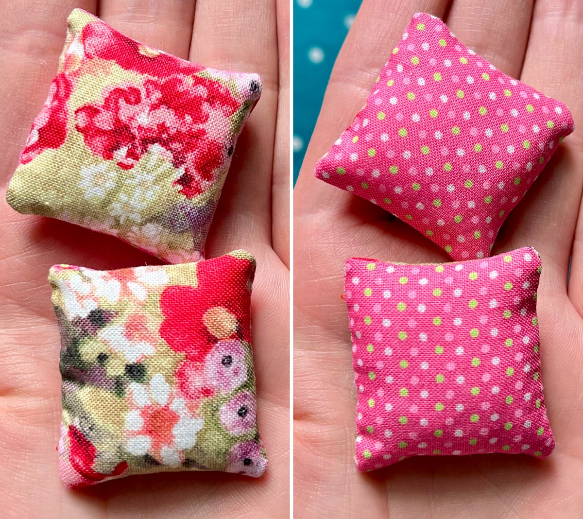 Two small fabric pillows with floral and polka dot patterns held in hands.