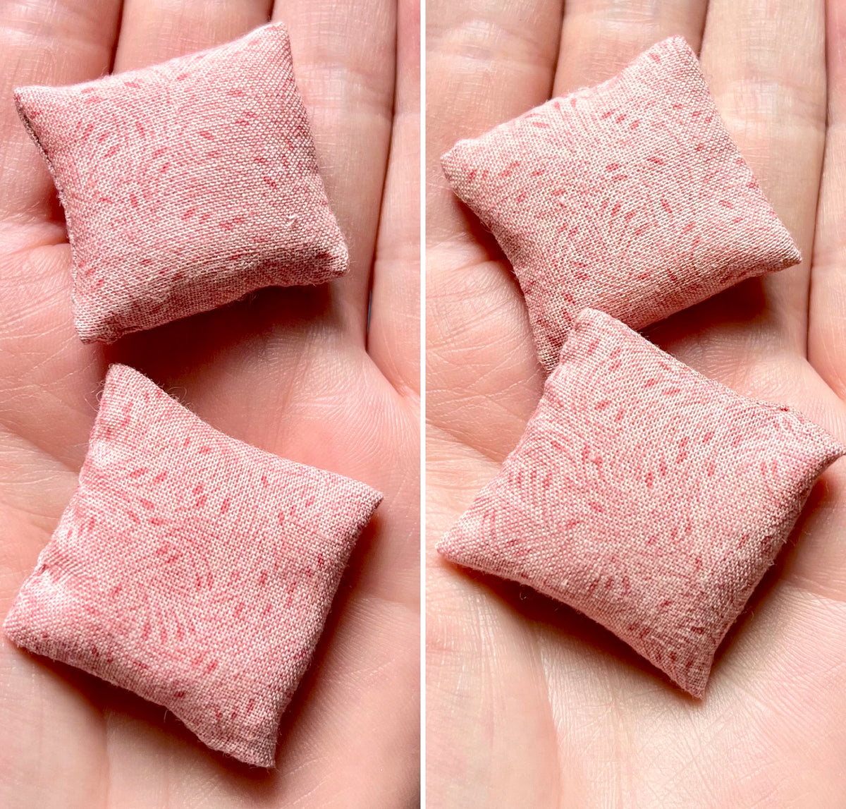 Two pink fabric cushions held in a hand, shown from different angles.
