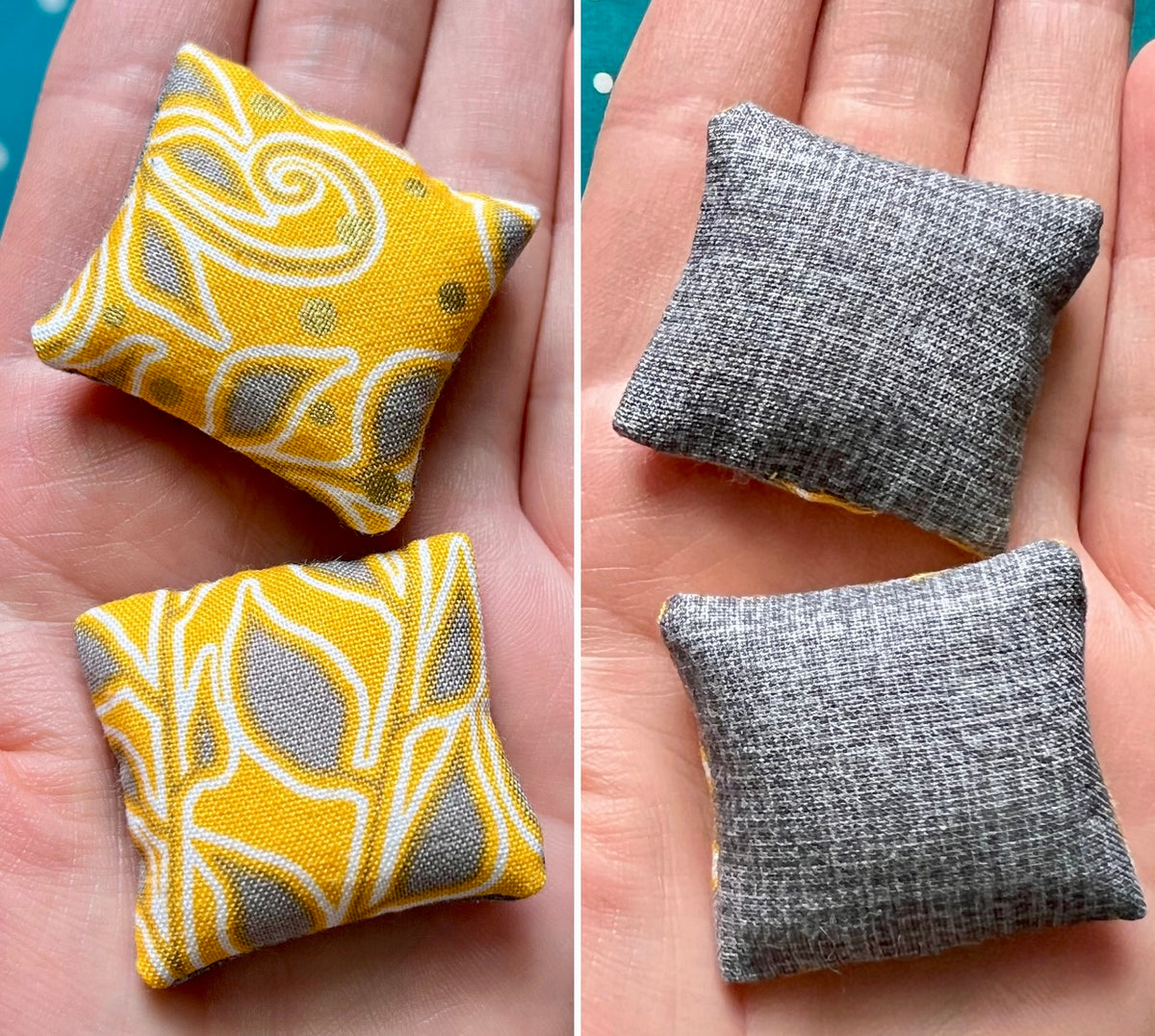 Two small fabric pillows, front yellow with gray patterns and back gray textured, held in hands.