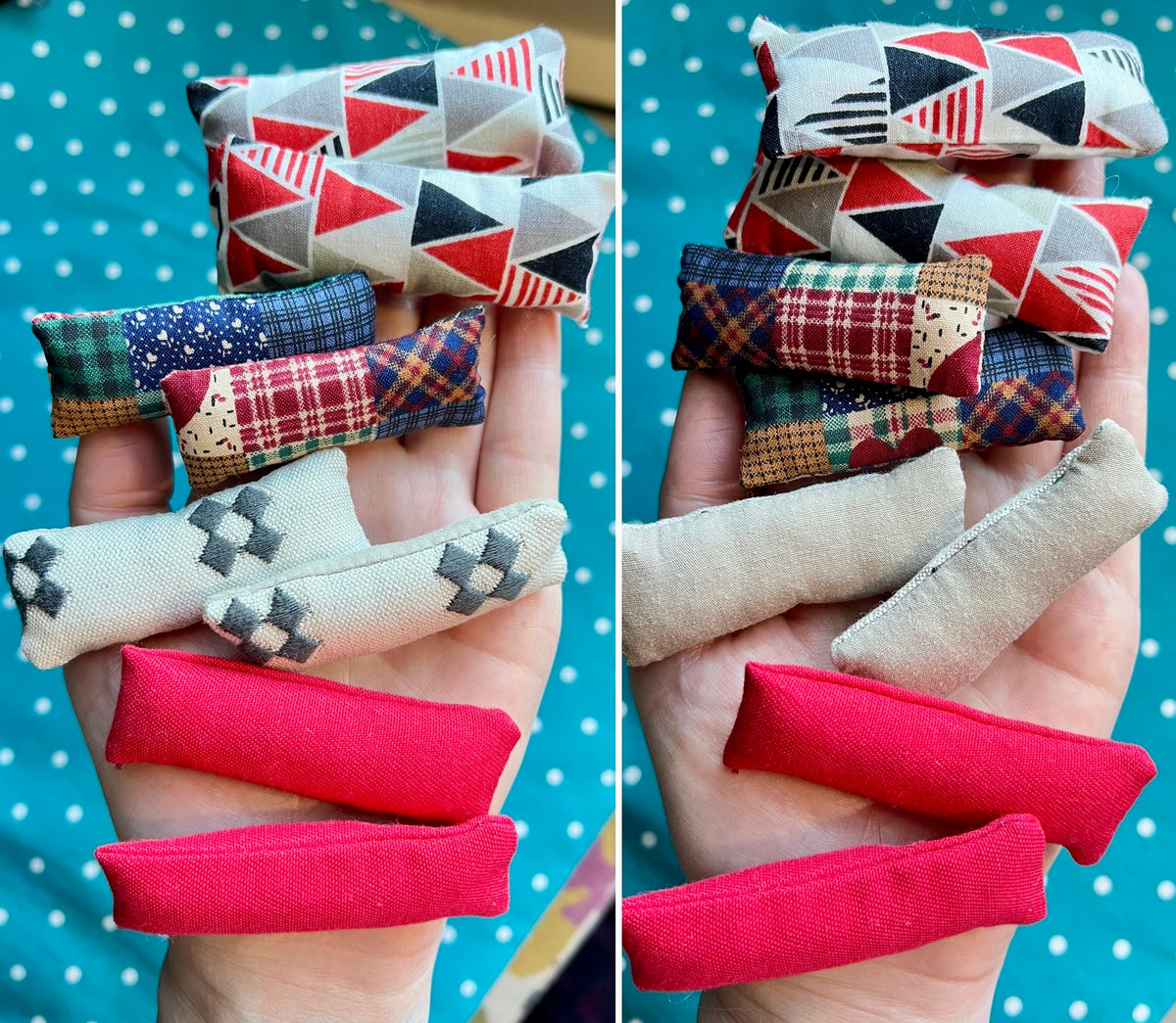 Stacked fabric doll pillows with geometric patterns held in a hand against a blue polka dot background.