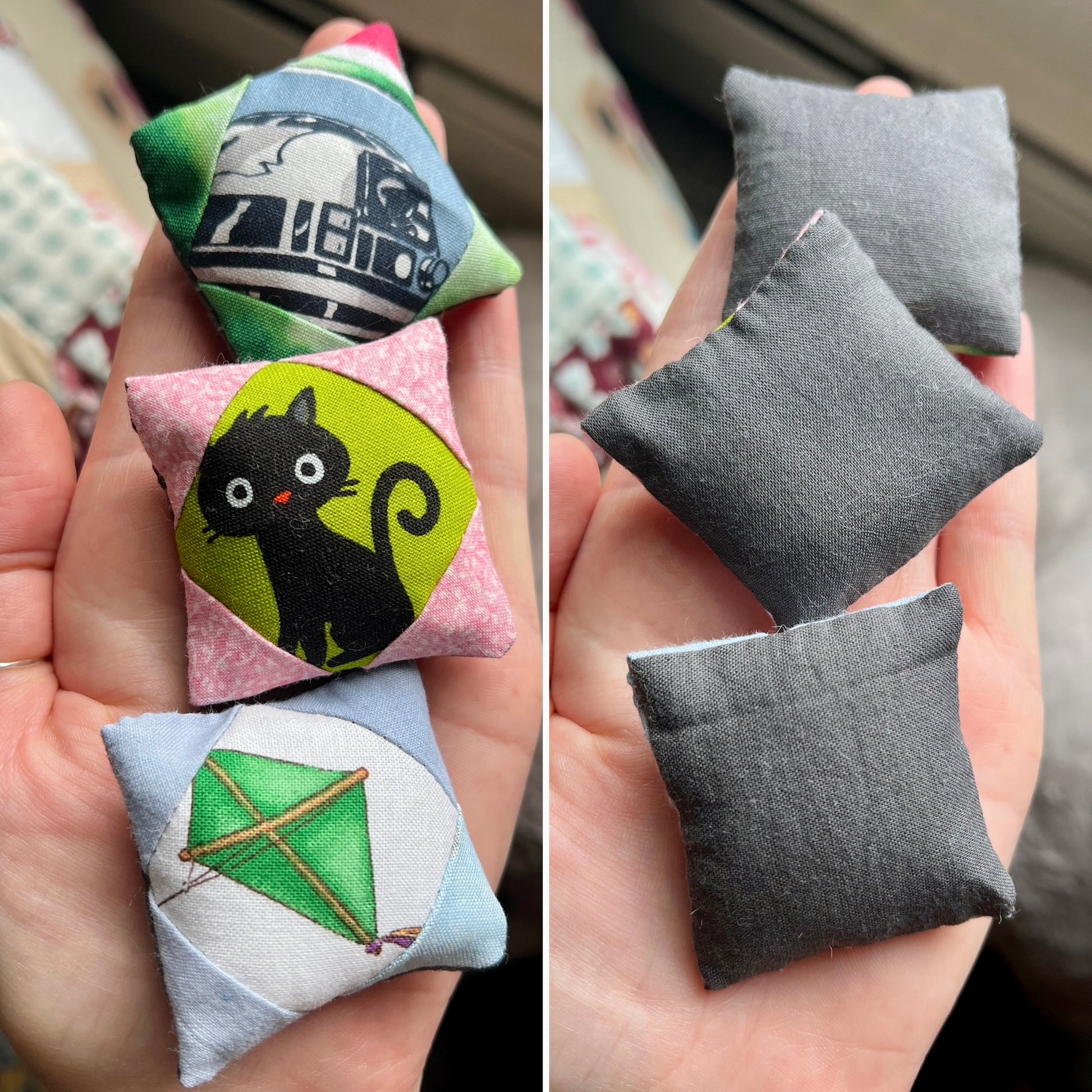 Small fabric pillows with various designs held in hands.