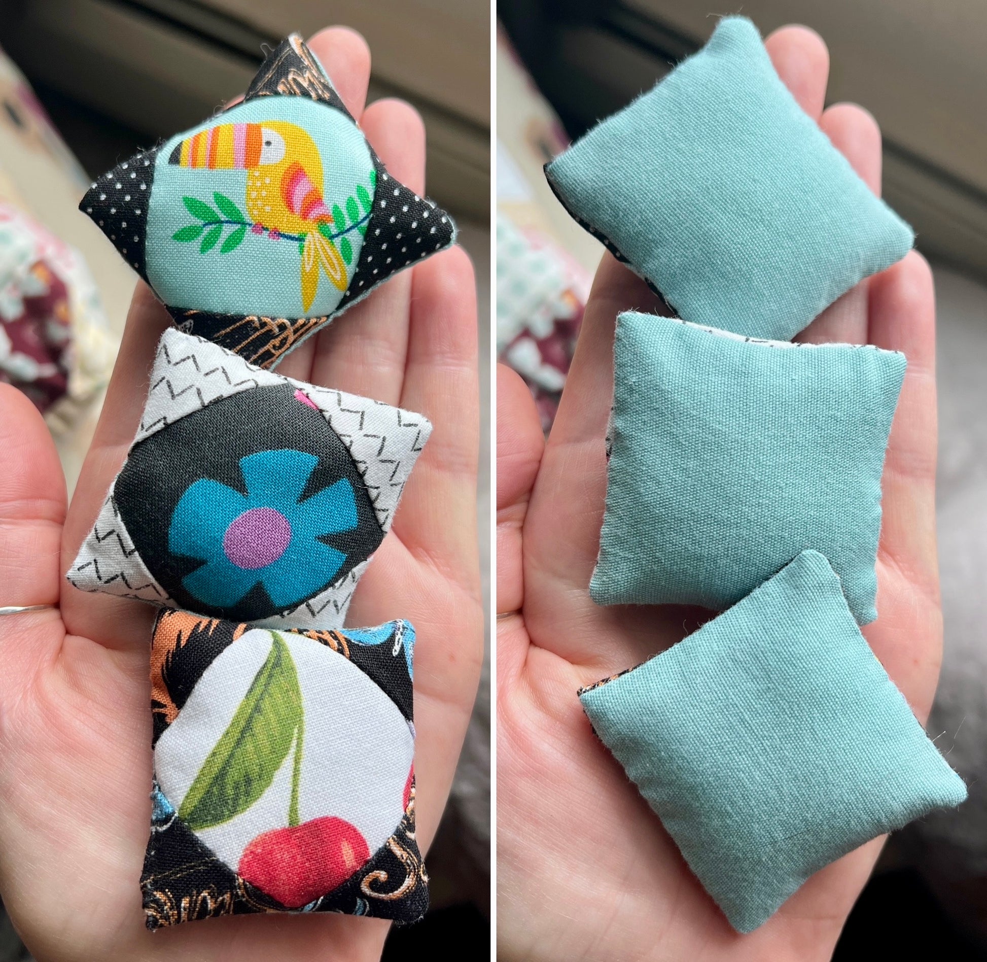 Fabric pillows with colorful designs held in a hand, followed by plain light blue fabric background.