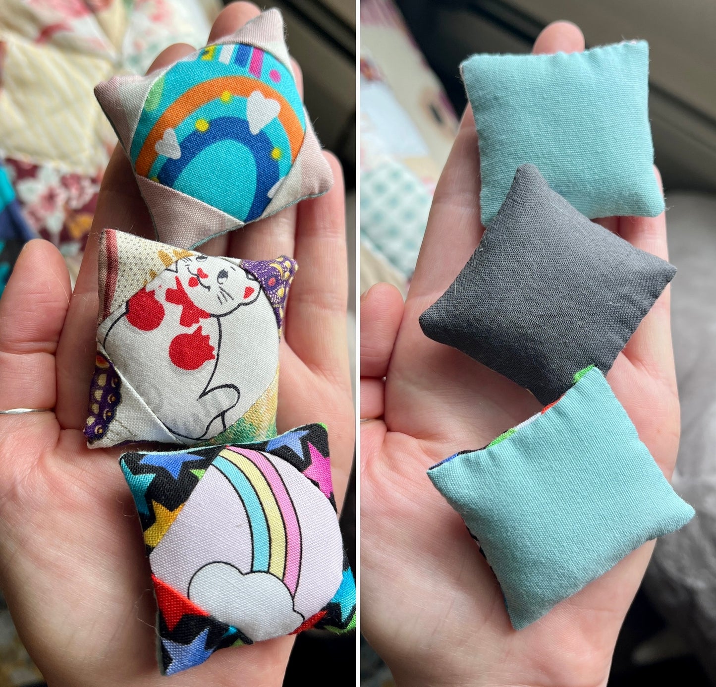 Small fabric pillows with colorful designs held in a hand.