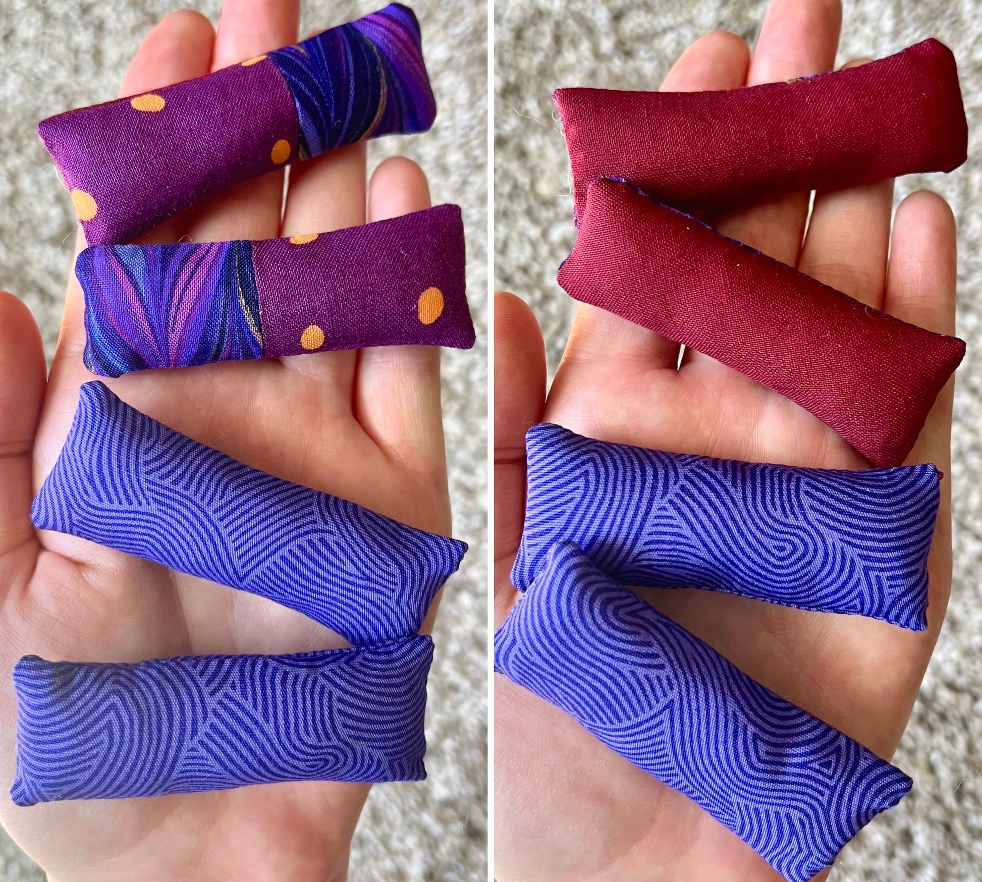 Two sets of fabric pillows held in hands, one set purple with swirl patterns and the other set has purple patchwork on one side and maroon red on the other.