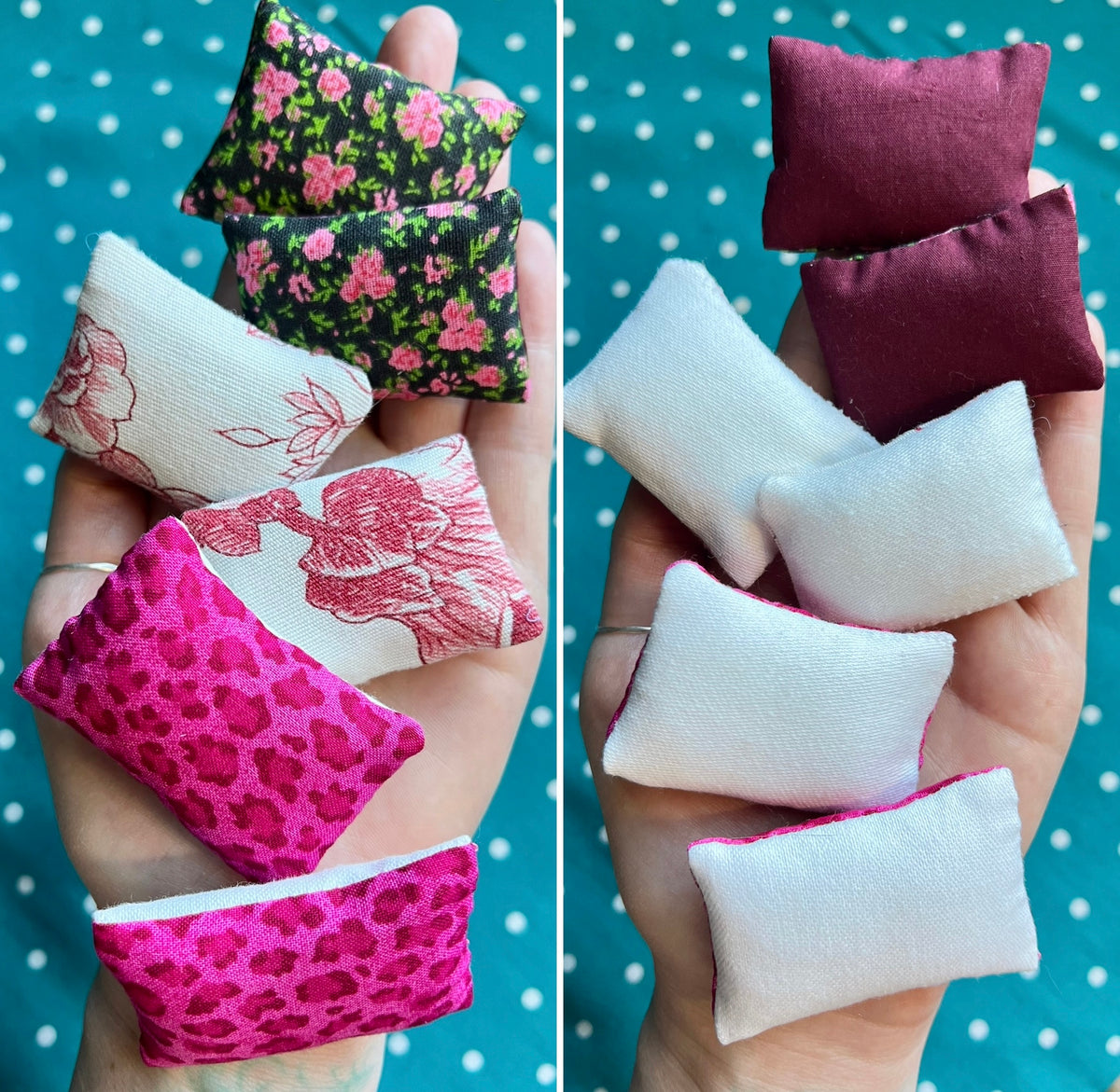 Small fabric pillows in various patterns held in hands against a polka dot background