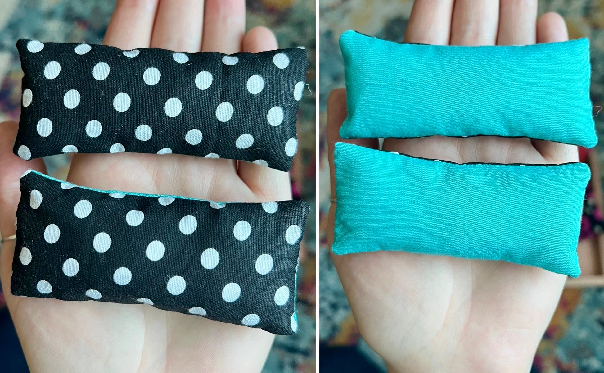 Two sets of fabric pillows, front with black and white polka dots, back is teal, held in hands against a colorful background.