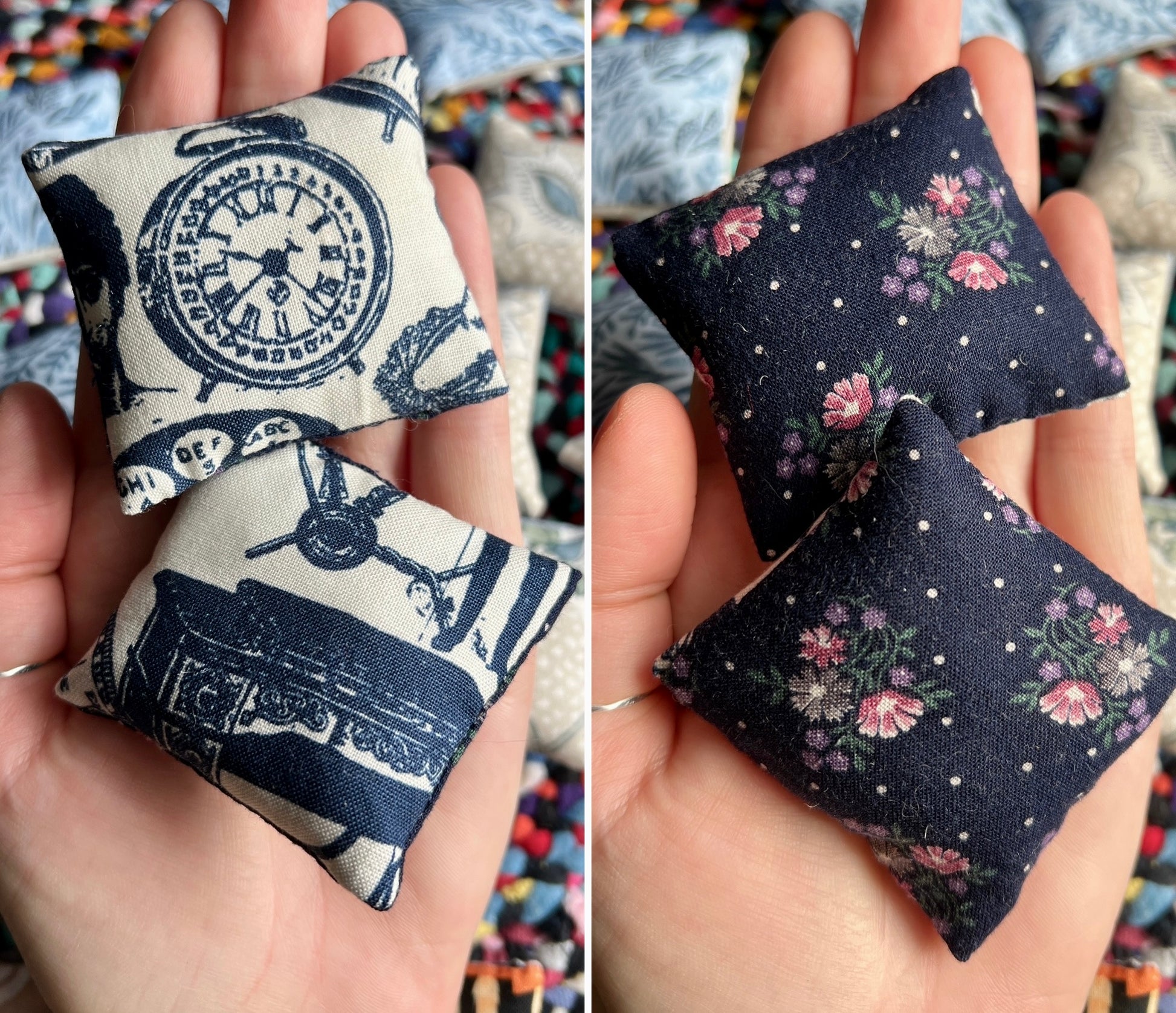 Two small fabric pillows held in hands, front with graphic design and the back with floral pattern.