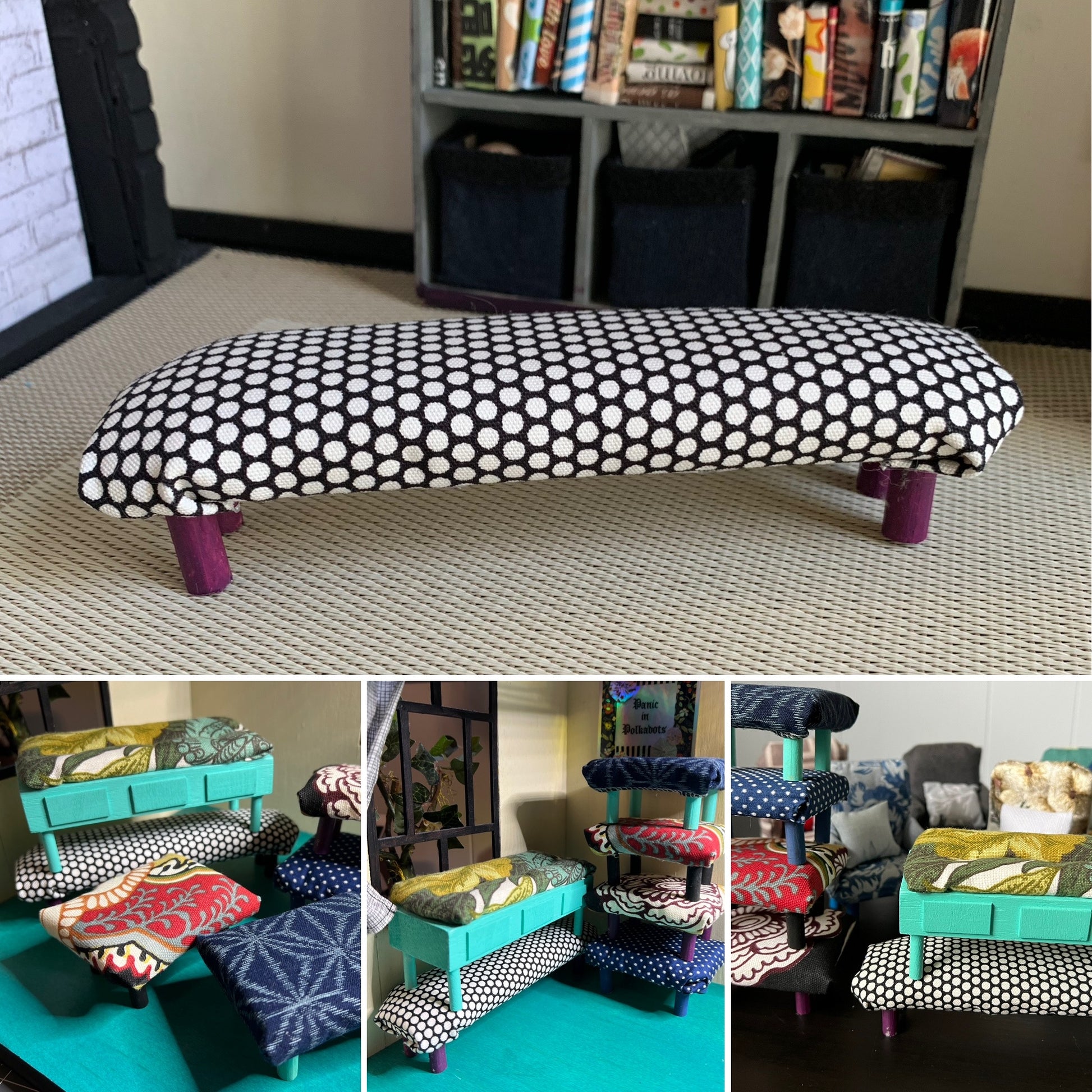 Dollhouse bench, photo grid showing group, aerial, and held in hand for scale