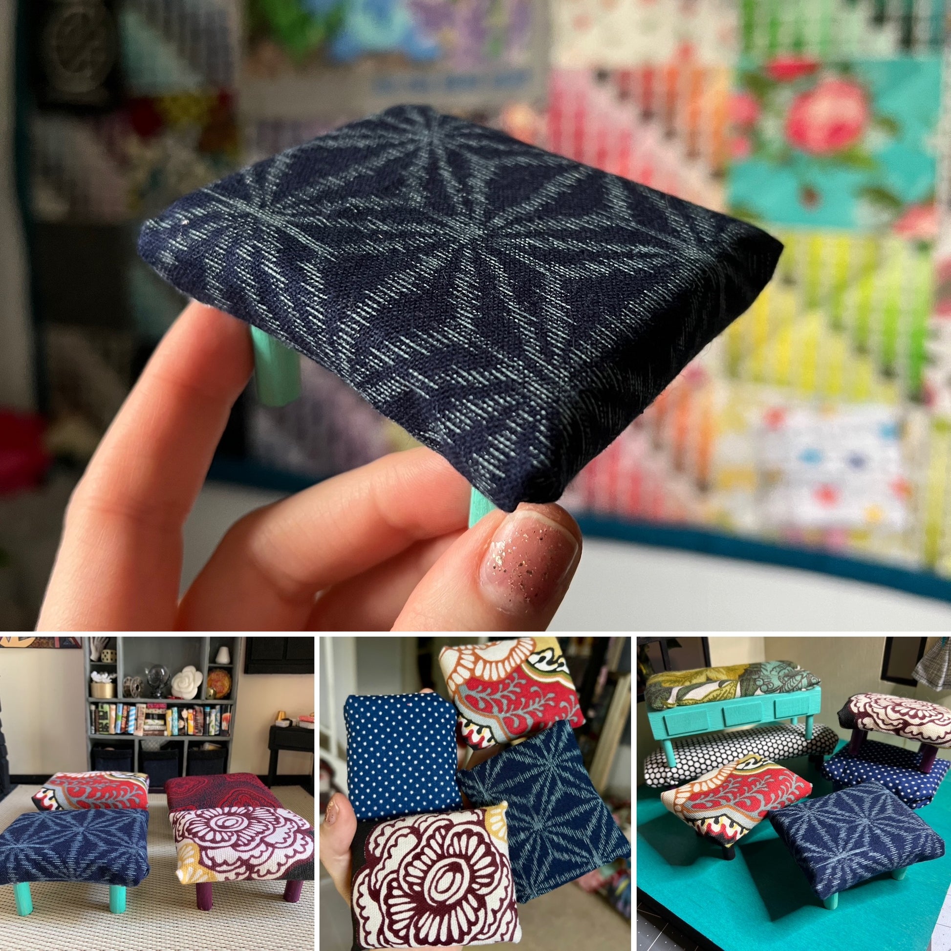 Dollhouse ottoman, photo grid showing group, aerial, and held in hand for scale