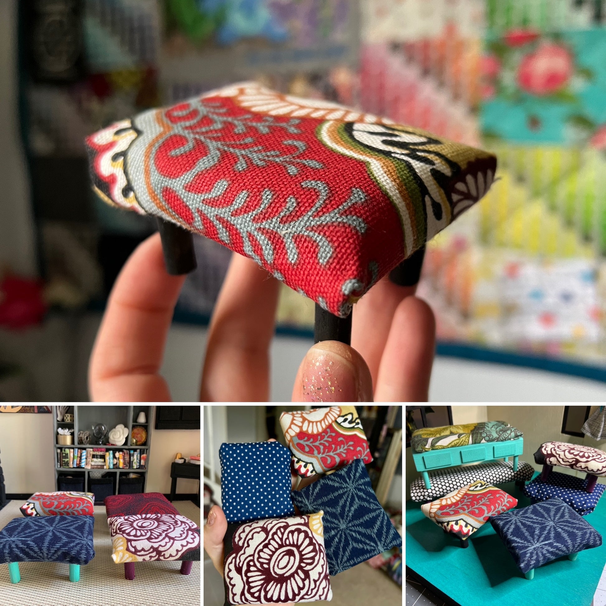 Dollhouse ottoman, photo grid showing group, aerial, and held in hand for scale