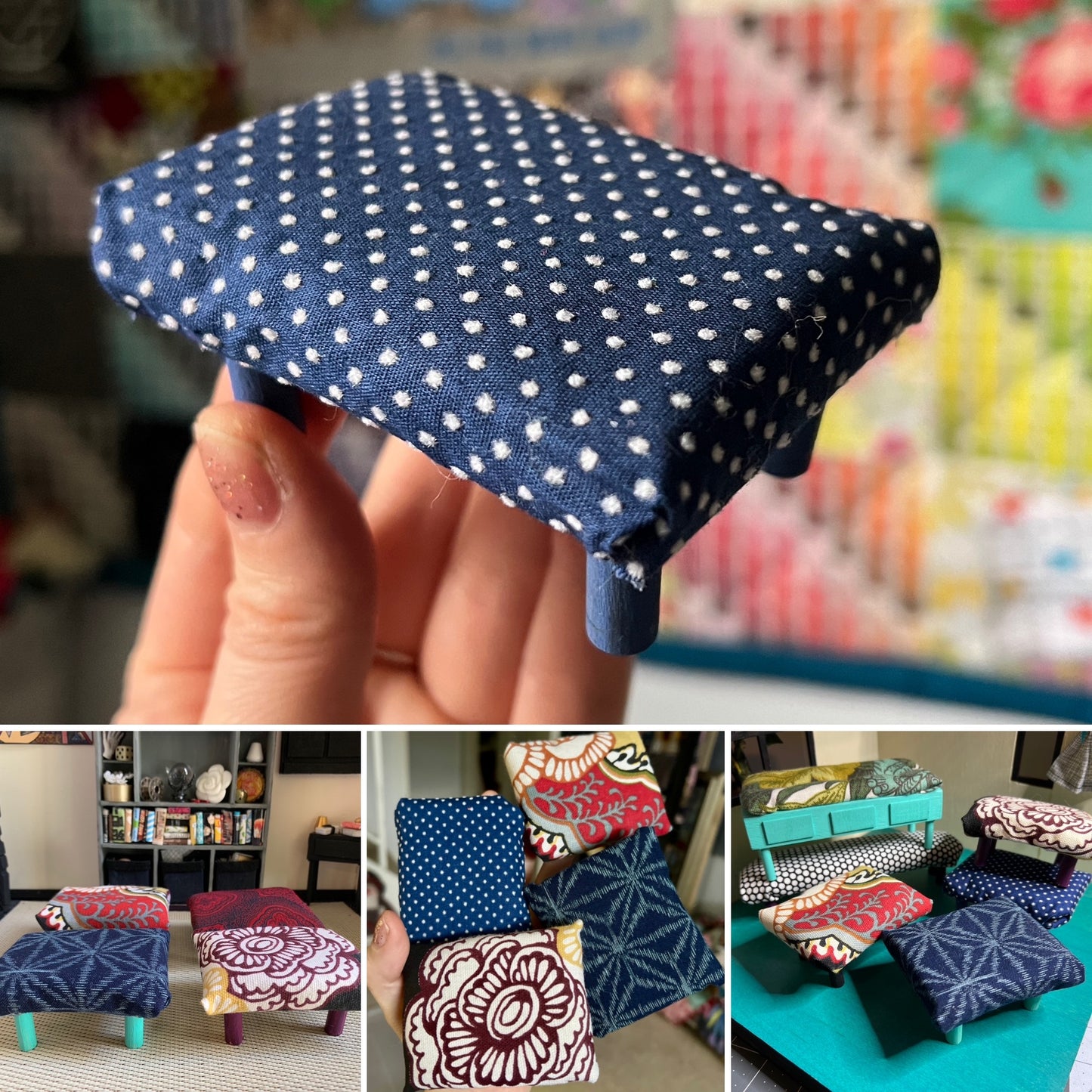 Dollhouse ottoman, photo grid showing group, aerial, and held in hand for scale