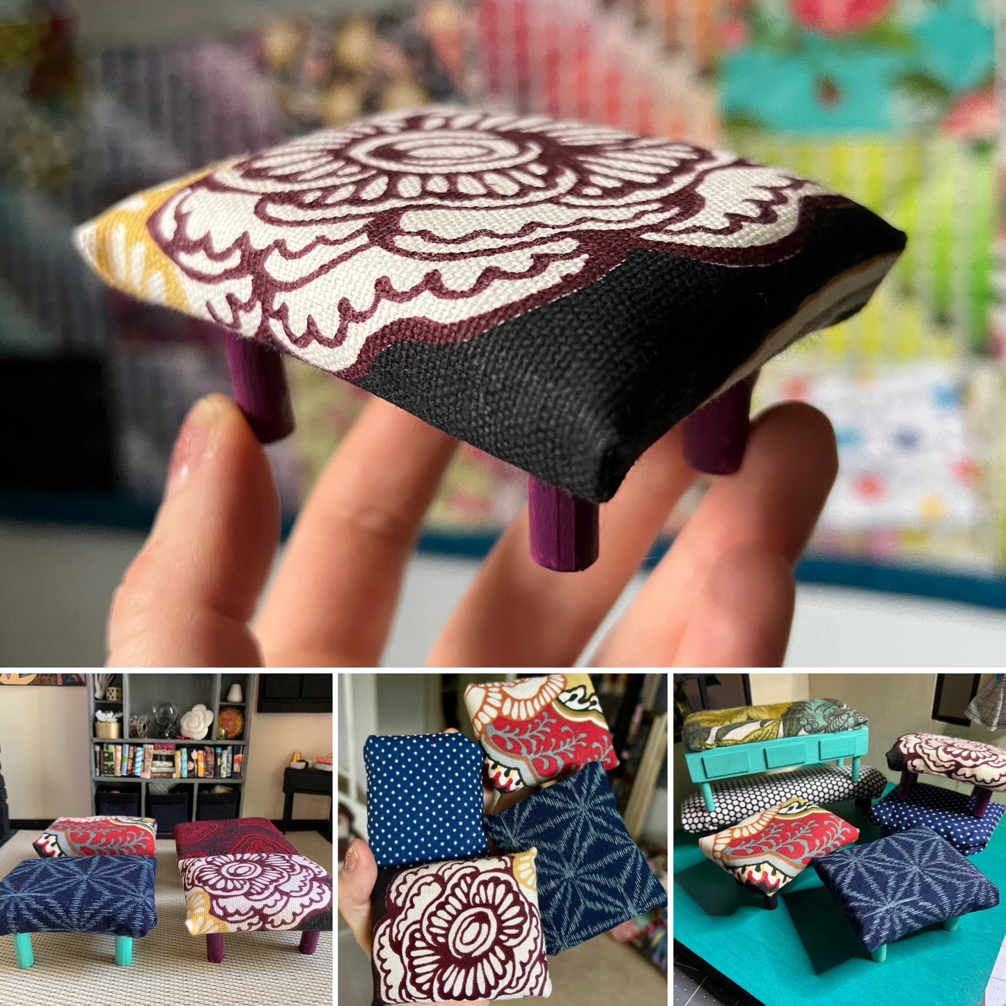 Dollhouse ottoman, photo grid showing group, aerial, and held in hand for scale