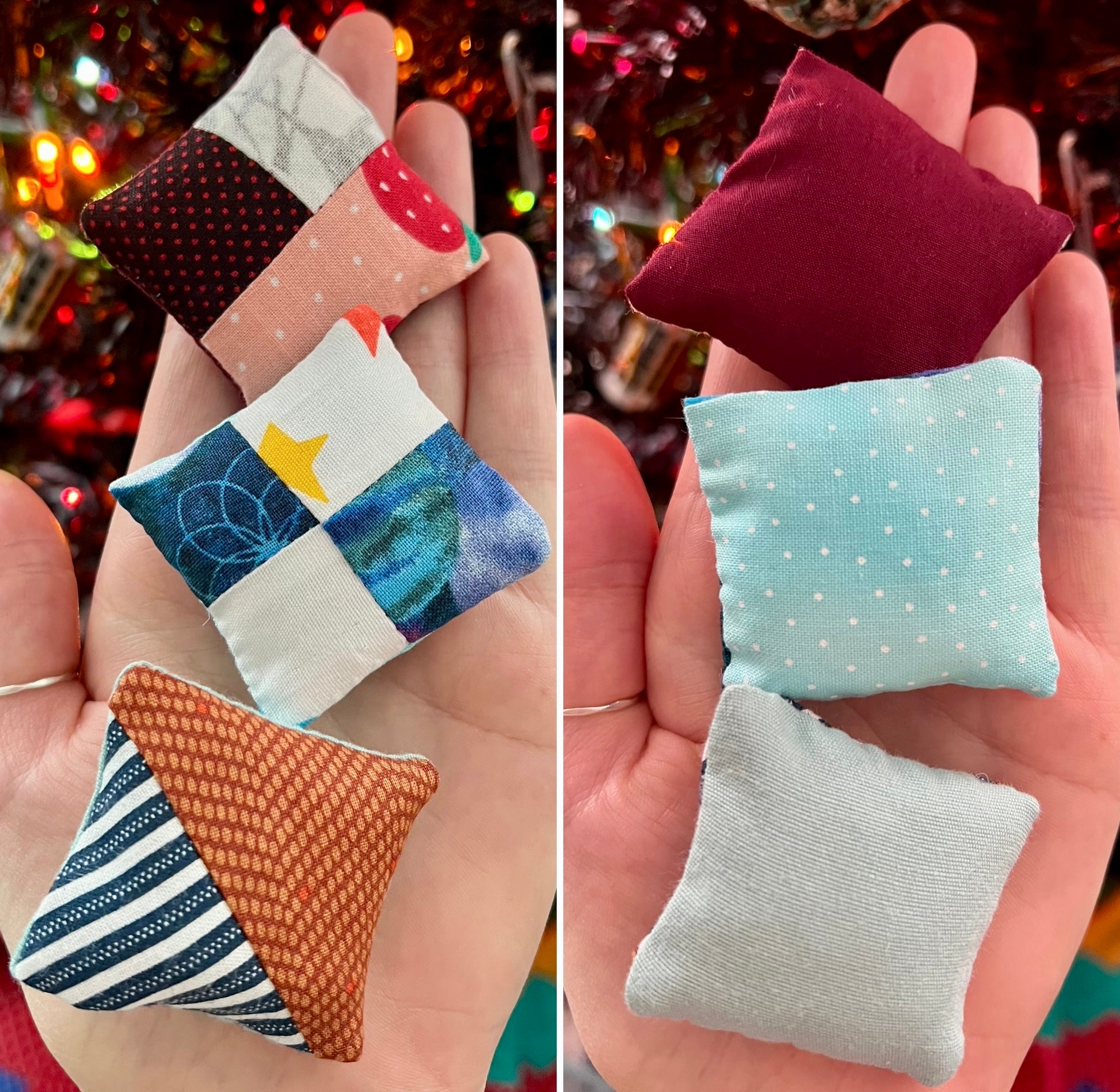 Small fabric pillows held in hands with a festive background