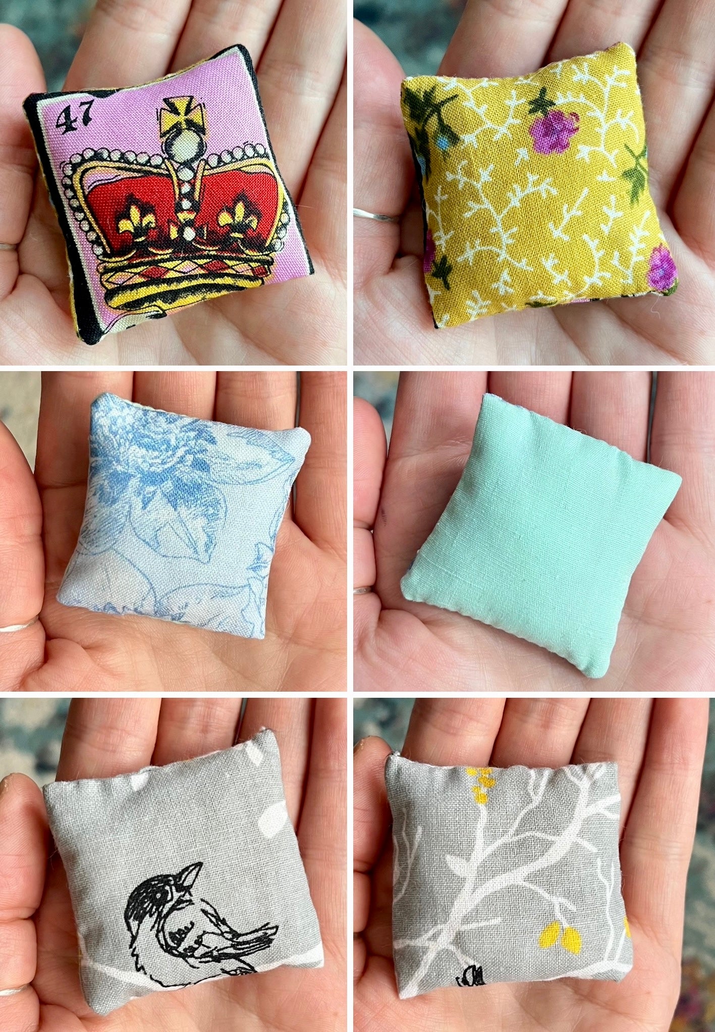 Collage of three small fabric pillows held in hands with various patterns and colors, showing front on one side and back on the other
