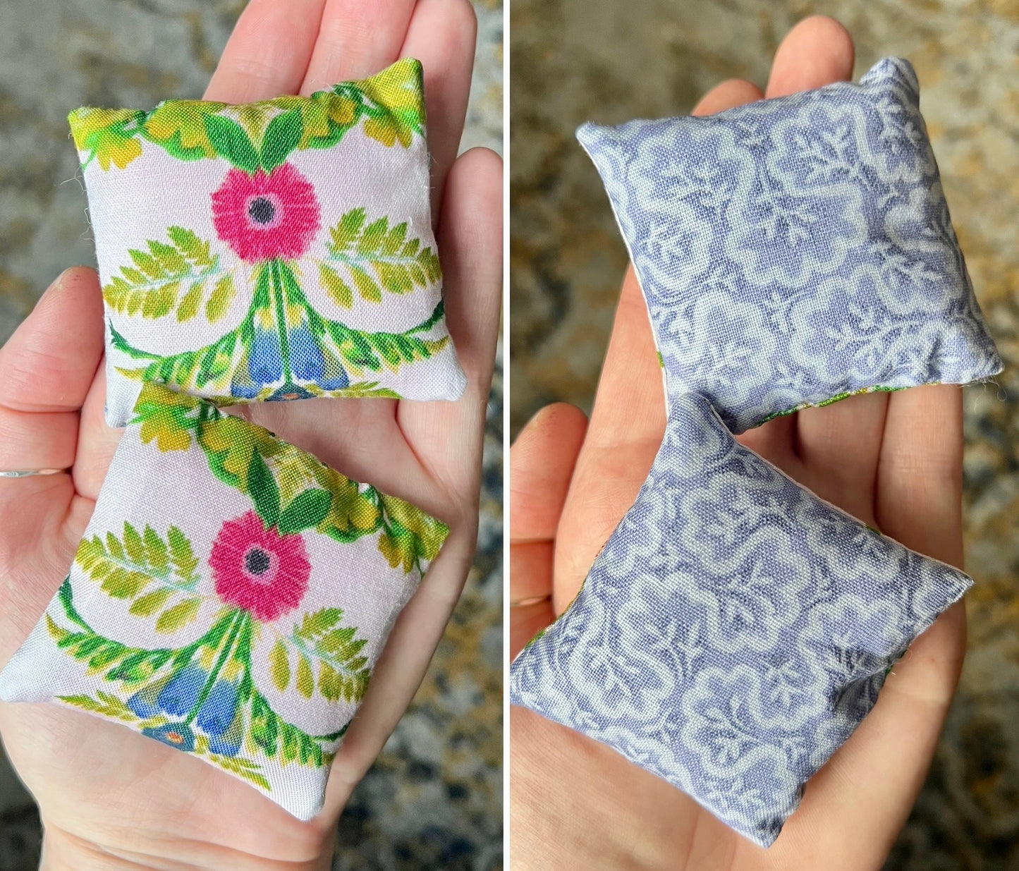 Two small fabric pillows held in hands, front is floral pattern and the back is lace pattern.