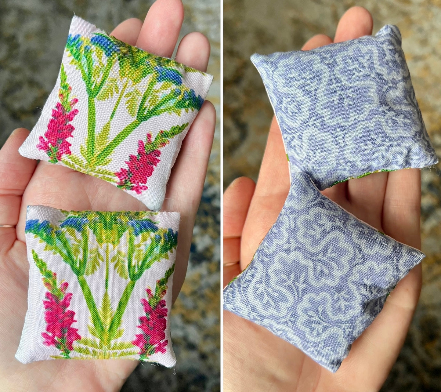 Two fabric Dollhouse pillows botanical flowers held in hands, showing front and back views
