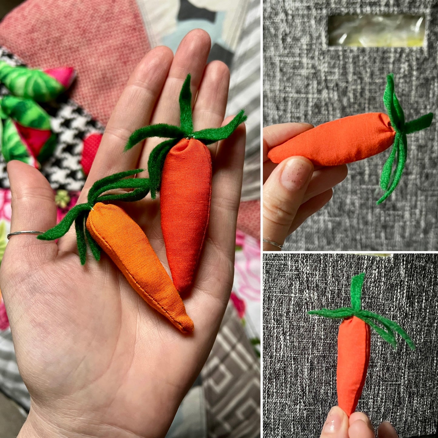 Collage of felt carrot dollhouse pillows held by a hand on a textured fabric background.