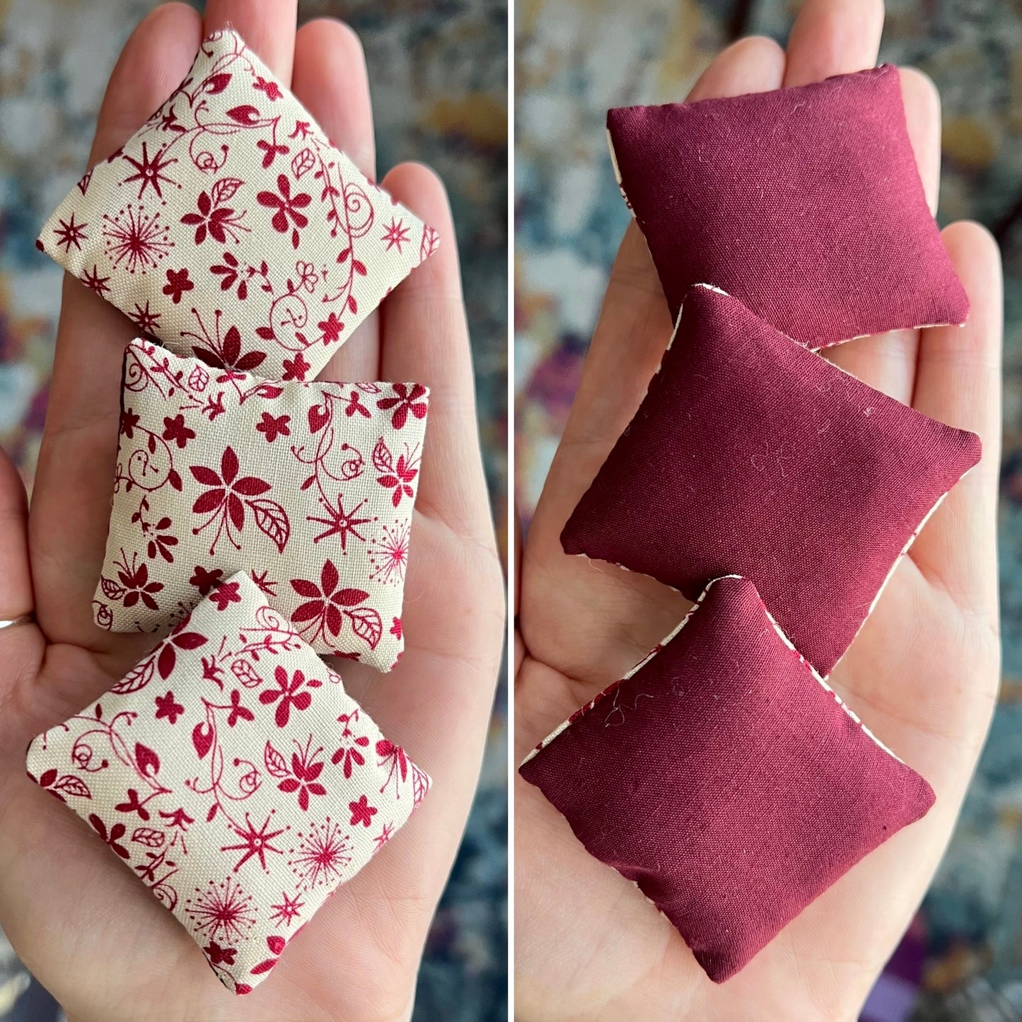 Two sets of photos of small fabric dollhouse pillows held in hands, the front is floral pattern and the back is maroon color.